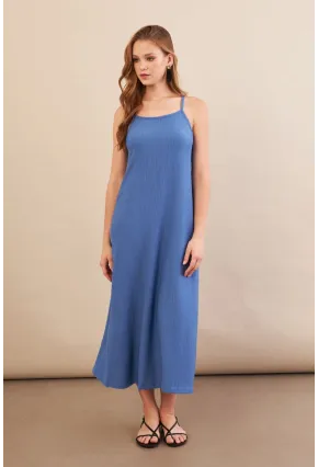 Kadın İndigo Ayarlanabilir Askılı Bürümcük Midi Elbise MX9455