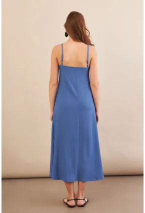 Kadın İndigo Ayarlanabilir Askılı Bürümcük Midi Elbise MX9455