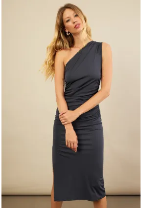 Kadın İndigo Büzgülü Tek Omuz Midi Elbise YEL221676