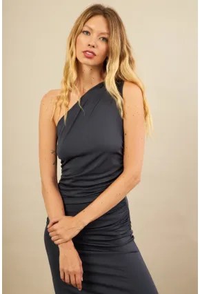 Kadın İndigo Büzgülü Tek Omuz Midi Elbise YEL221676