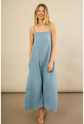 Kadın İndigo Cepli İp Askılı Midi Müslin Elbise BTY100