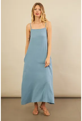 Kadın İndigo Cepli İp Askılı Midi Müslin Elbise BTY100