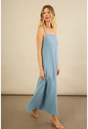 Kadın İndigo Cepli İp Askılı Midi Müslin Elbise BTY100