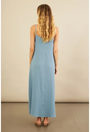 Kadın İndigo Cepli İp Askılı Midi Müslin Elbise BTY100