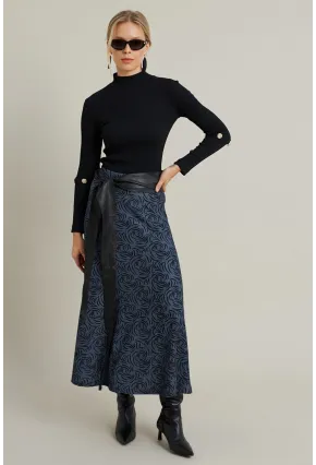 Kadın İndigo Desenli Çan Etek LON3007