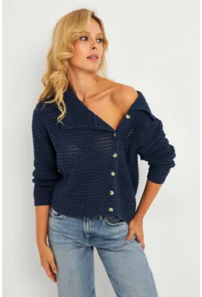 Kadın İndigo Geniş Yakalı Triko Hırka MİW4571
