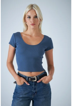 Kadın İndigo Ön Arka U Bluz EV57