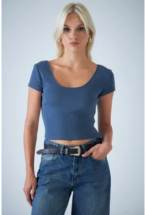 Kadın İndigo Ön Arka U Bluz EV57