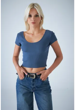 Kadın İndigo Ön Arka U Bluz EV57