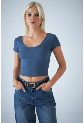 Kadın İndigo Ön Arka U Bluz EV57