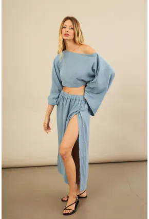 Kadın İndigo Yarasa Kol Crop Müslin Etek Takım BTY104