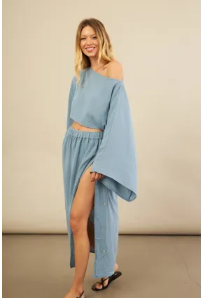 Kadın İndigo Yarasa Kol Crop Müslin Etek Takım BTY104