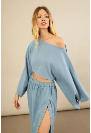 Kadın İndigo Yarasa Kol Crop Müslin Etek Takım BTY104