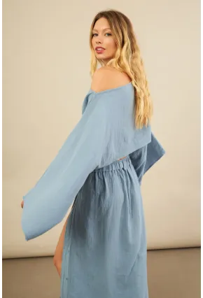 Kadın İndigo Yarasa Kol Crop Müslin Etek Takım BTY104