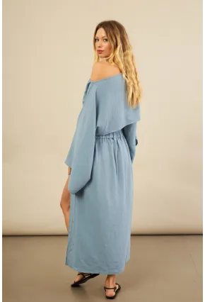 Kadın İndigo Yarasa Kol Crop Müslin Etek Takım BTY104