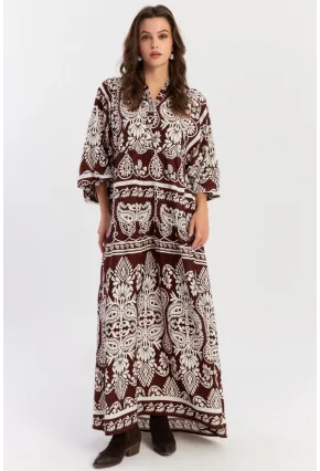 Kadın Kahve-Beyaz Etnik Desenli Maxi Dokuma Elbise ALO325