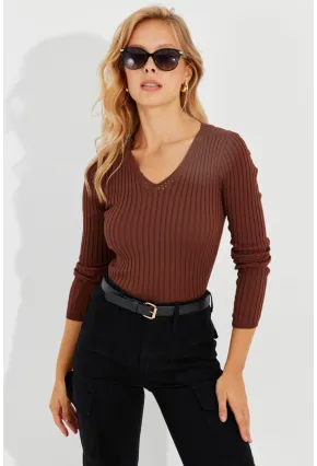 Kadın Kahve V Yaka Fitilli Triko Bluz SMT216