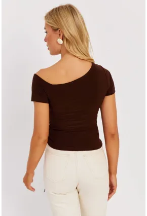 Kadın Kahverengi Asimetrik Yaka Asansörlü Bluz GÇ162