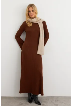 Kadın Kahverengi Basic Maxi Elbise COL30