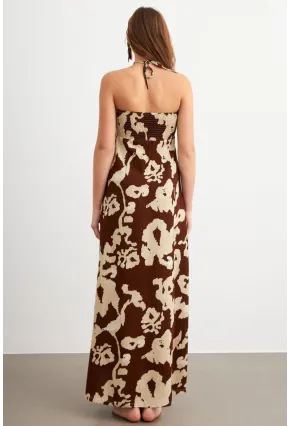 Kadın Kahverengi Büzgülü Desenli Midi Elbise KAB304