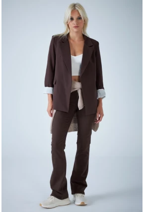 Kadın Kahverengi Çizgi Astarlı Blazer Ceket BES3049