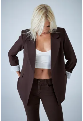 Kadın Kahverengi Çizgi Astarlı Blazer Ceket BES3049