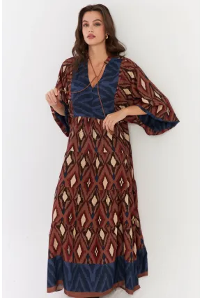 Kadın Kahverengi Desenli Dokuma Maxi Elbise ALO235