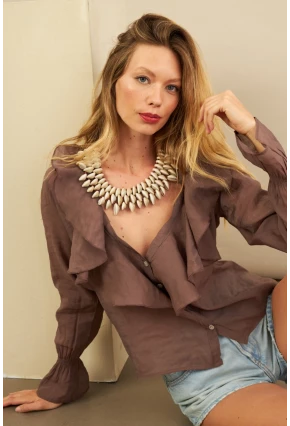 Kadın Kahverengi Fırfırlı Gömlek DMR487