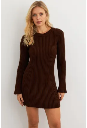 Kadın Kahverengi İspanyol Kol Triko Mini Elbise YV273