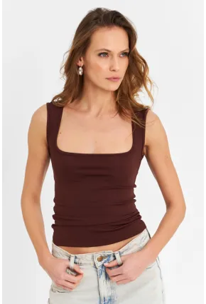 Kadın Kahverengi Kare Yaka Bluz TF64