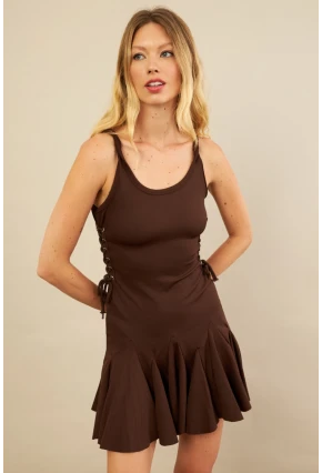 Kadın Kahverengi Kuş Gözlü Fırfırlı Midi Elbise YEL221710