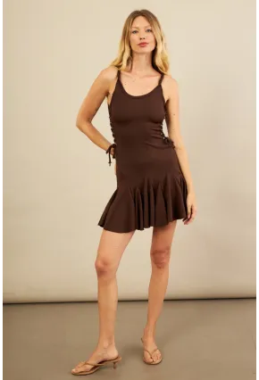 Kadın Kahverengi Kuş Gözlü Fırfırlı Midi Elbise YEL221710