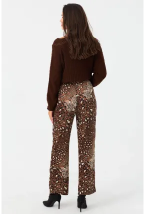 Kadın Kahverengi Leopar Desenli Saten Pantolon CAR1069