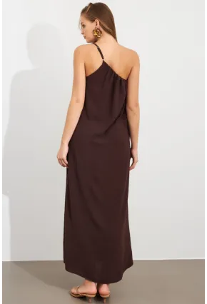 Kadın Kahverengi Tek Omuz Maxi Elbise İRE1012