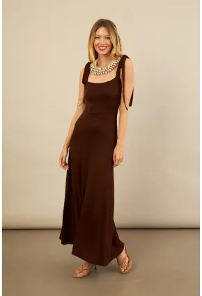 Kadın Kahverengi Omuz Fiyonklu Midi Elbise EY3119