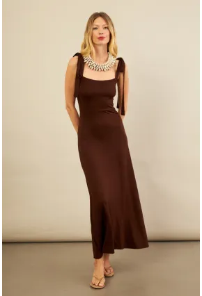 Kadın Kahverengi Omuz Fiyonklu Midi Elbise EY3119