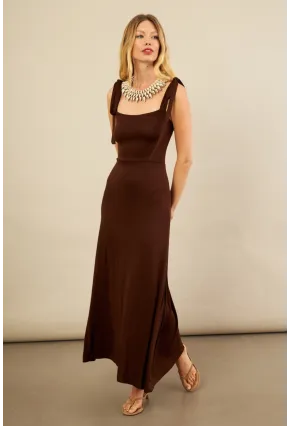 Kadın Kahverengi Omuz Fiyonklu Midi Elbise EY3119