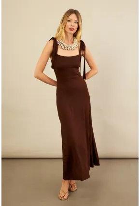 Kadın Kahverengi Omuz Fiyonklu Midi Elbise EY3119