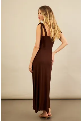 Kadın Kahverengi Omuz Fiyonklu Midi Elbise EY3119