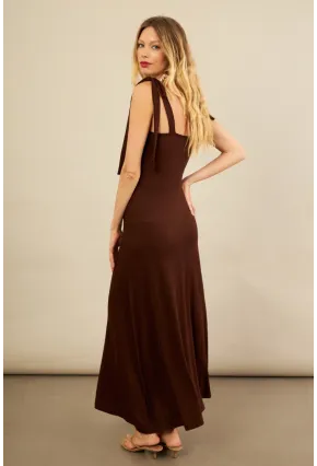 Kadın Kahverengi Omuz Fiyonklu Midi Elbise EY3119