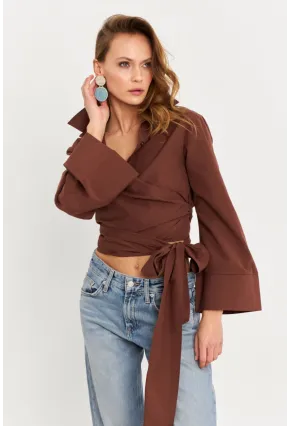 Kadın Kahverengi Önü Bağlamalı İspanyol Kol Gömlek MON142