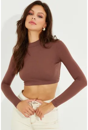 Kadın Kahverengi Sırtı Açık Crop Bluz LPP1232