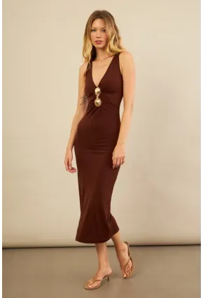 Kadın Kahverengi Toka Aksesuarlı Pencereli Midi Elbise KED7411