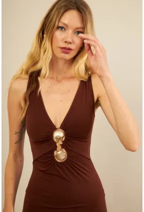 Kadın Kahverengi Toka Aksesuarlı Pencereli Midi Elbise KED7411