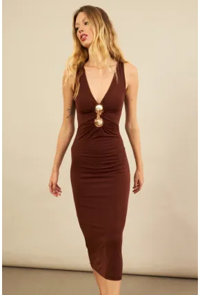 Kadın Kahverengi Toka Aksesuarlı Pencereli Midi Elbise KED7411