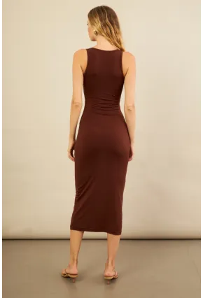 Kadın Kahverengi Toka Aksesuarlı Pencereli Midi Elbise KED7411