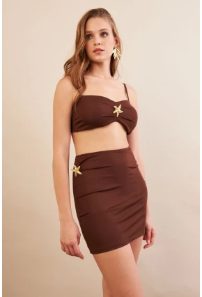 Kadın Kahverengi Yıldız Aksesuarlı Crop Etek Takım DCF054