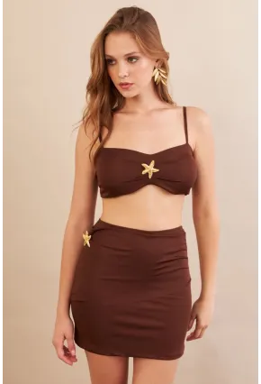 Kadın Kahverengi Yıldız Aksesuarlı Crop Etek Takım DCF054
