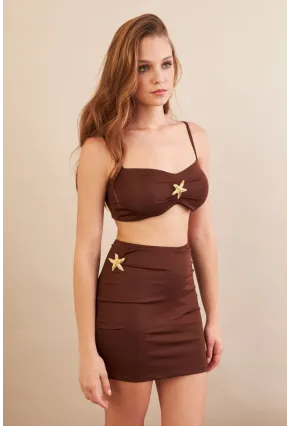 Kadın Kahverengi Yıldız Aksesuarlı Crop Etek Takım DCF054