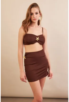 Kadın Kahverengi Yıldız Aksesuarlı Crop Etek Takım DCF054